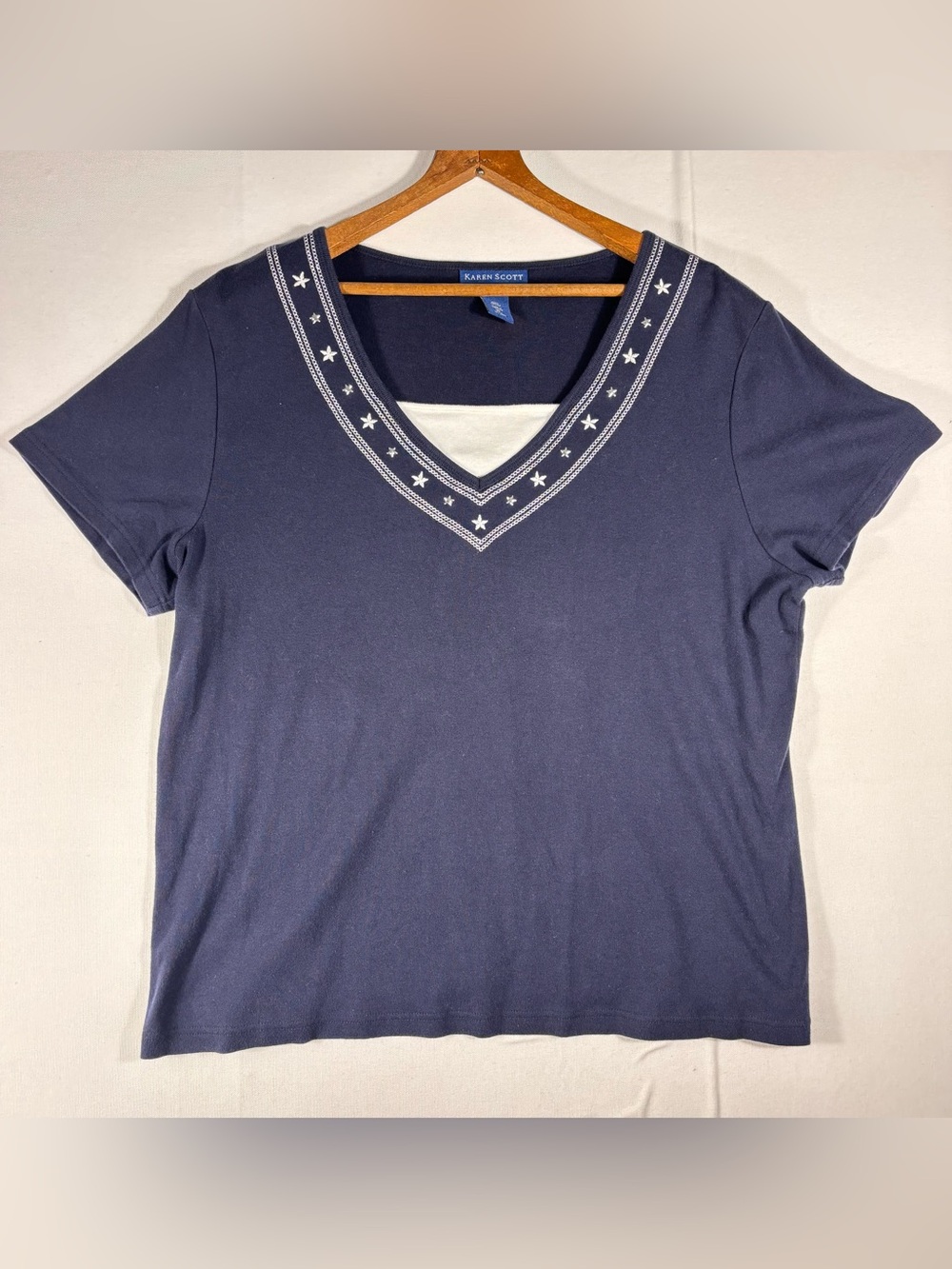 Karen Scott Women’s XL Navy V-Neck Short Sleeve Tee with Star Trim and Faux Tank